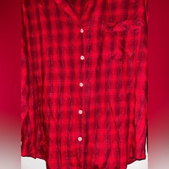 Victoria Secret Metallic Red Plaid Flannel PJ 2PC Pajama Set Women‎ L Lounging - Picture 7 of 15